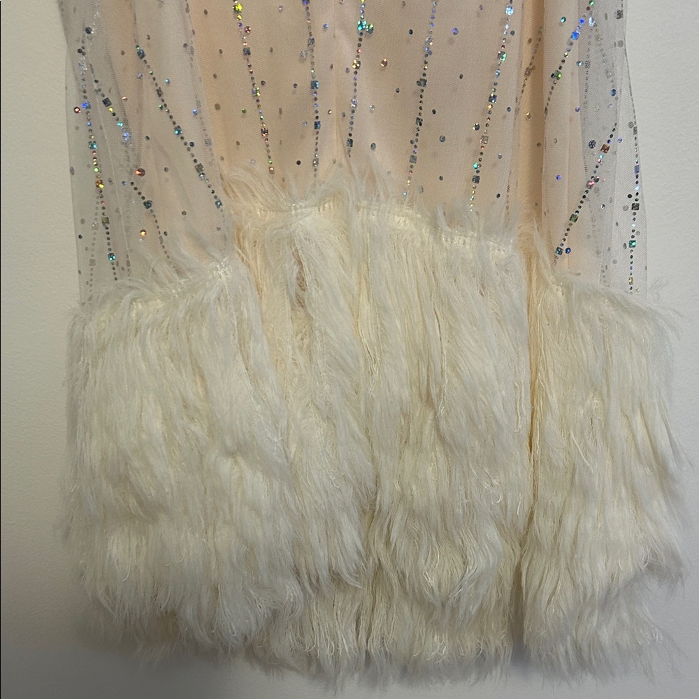 Sparkling Beige Dress with Faux Fur Hem - Picture 8 of 10